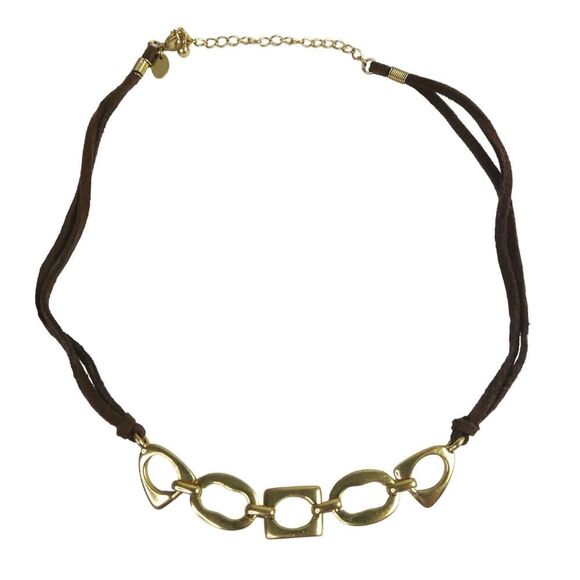 Lia Sophia Brown Double Cord Strand Gold Tone Irregular Link Bib Necklace Career - Picture 1 of 7